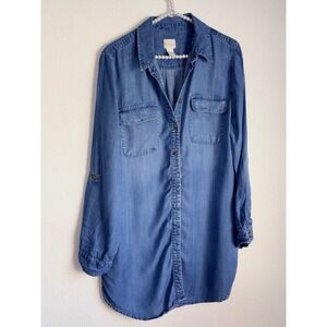Chicos Tencel Lyocell Denim Blue Button Down Tunic Roll Tab Shirt Medium